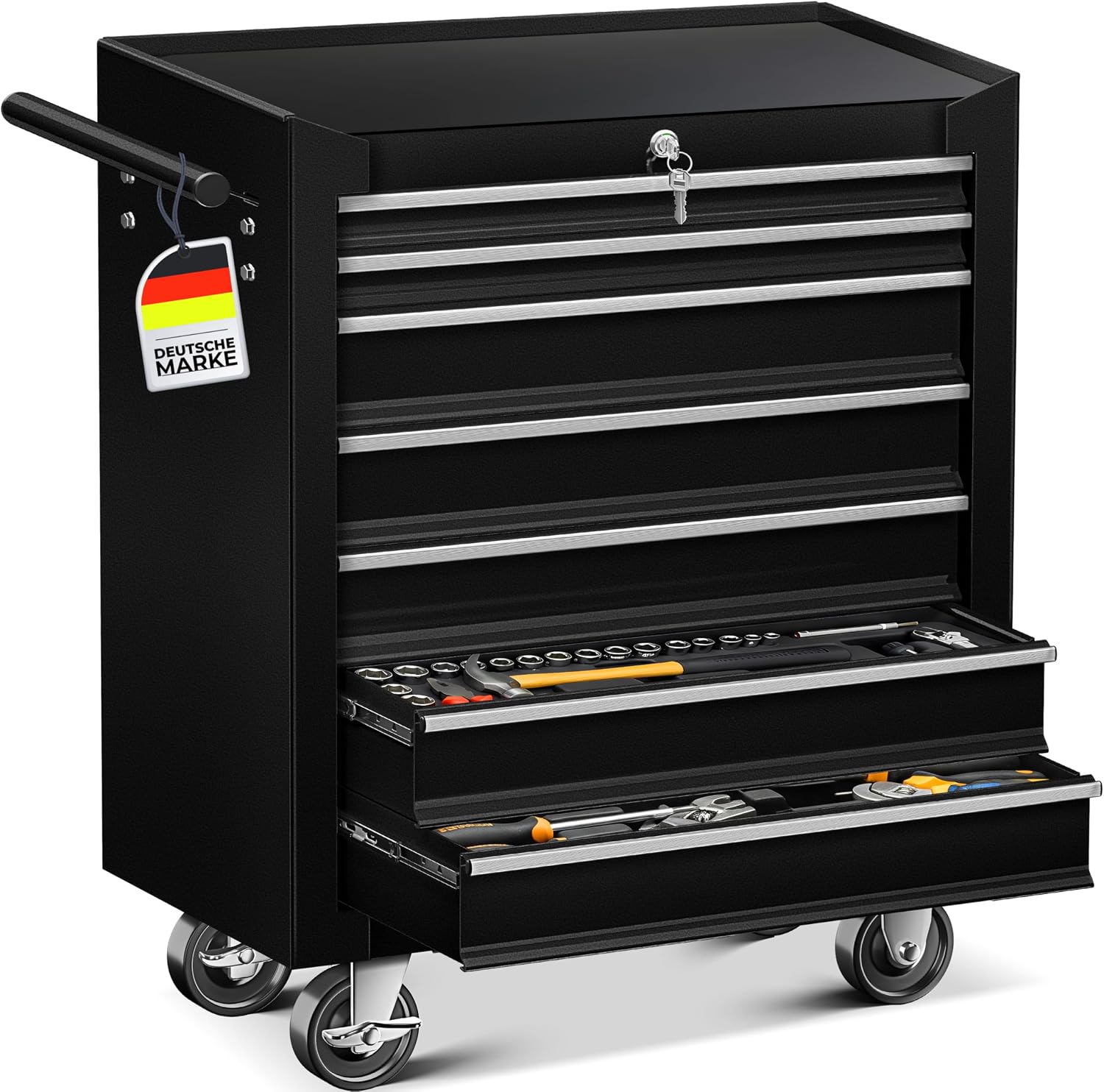 MASKO® Werkstattwagen rollbar 7 Schubladen abschließbar, mobiler Rollwagen zur Werkzeugaufbewahrung mit Schloss & Kugellager-Schubladen, Stabiler Werkstatt Trolley aus massiven Metall, Schwarz