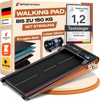 Sportstech, Walking Pad mit Steigung, 150 kg belastbar, 6 km/h, Under Desk