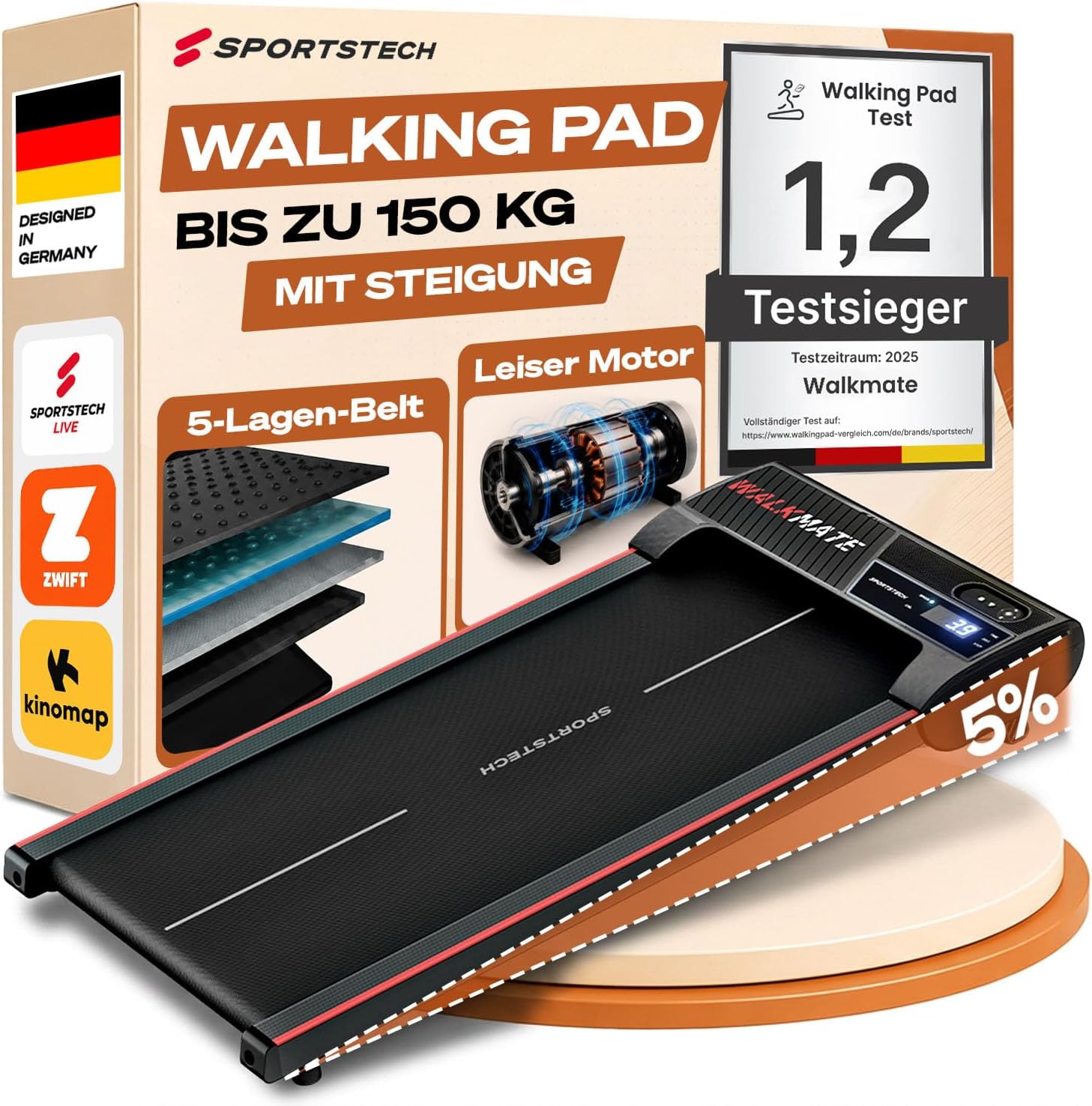 Sportstech, Walking Pad mit Steigung, 150 kg belastbar, 6 km/h, Under Desk