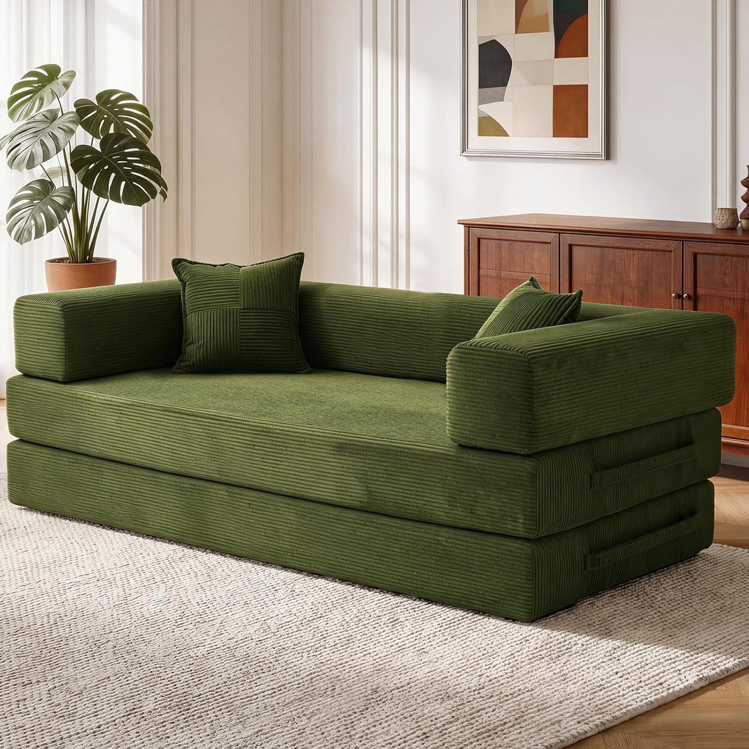 Vipbear 200cm Hochwertiges Sofa, aus Langlebig Cord mit Hochdichter Schaumstoff, 5-in-1 Umwandelbares Vielseitig ohne Knochen 3-Sitzer Sofa mit Schlaffunktion für Schlafzimmer, Grün