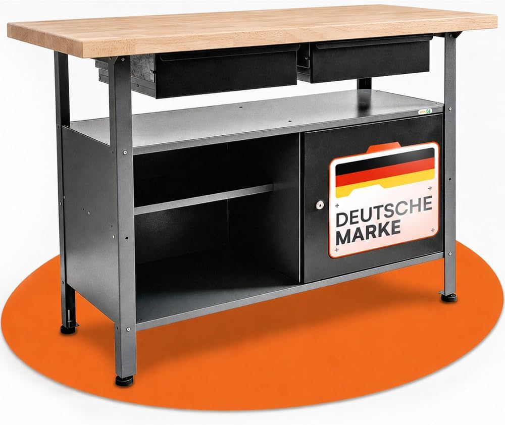 Ondis24 Werkbank Fritz - Höhenverstellbare Werkbank Mit Schubladen, Metall Anthrazit, 120x60x85cm, 28mm Dicke Buchen-Arbeitsplatte, Abschließbare Tür, Belastbar Bis 250kg - Perfekt für Werkstätten