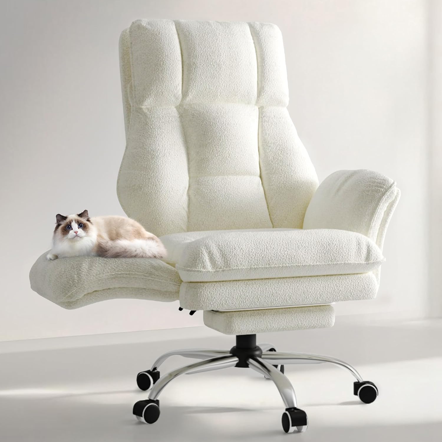 HOMRELEXA Bürostuhl mit Fußstütze, 135° für Home Office,Teddy-Stoff Weiß