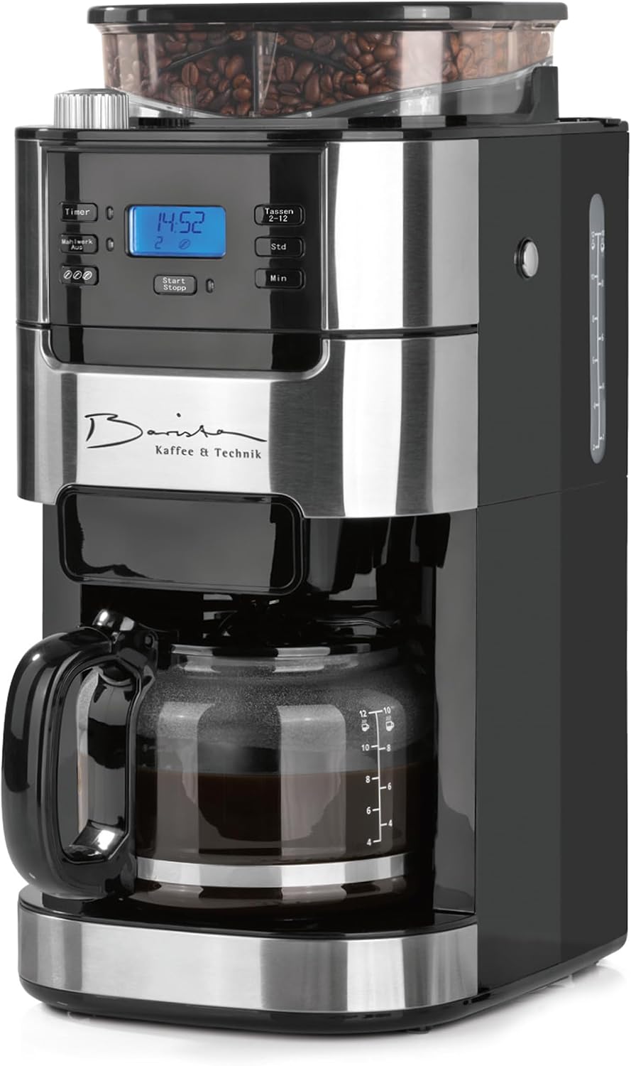 Barista Filterkaffeemaschine mit verstellbarem Mahlwerk | Warmhaltefunktion, 24h Timer & Permanentfilter | Für 10 Tassen Kaffee | Kaffeemaschine für Bohnen & Pulver [Edelstahl]
