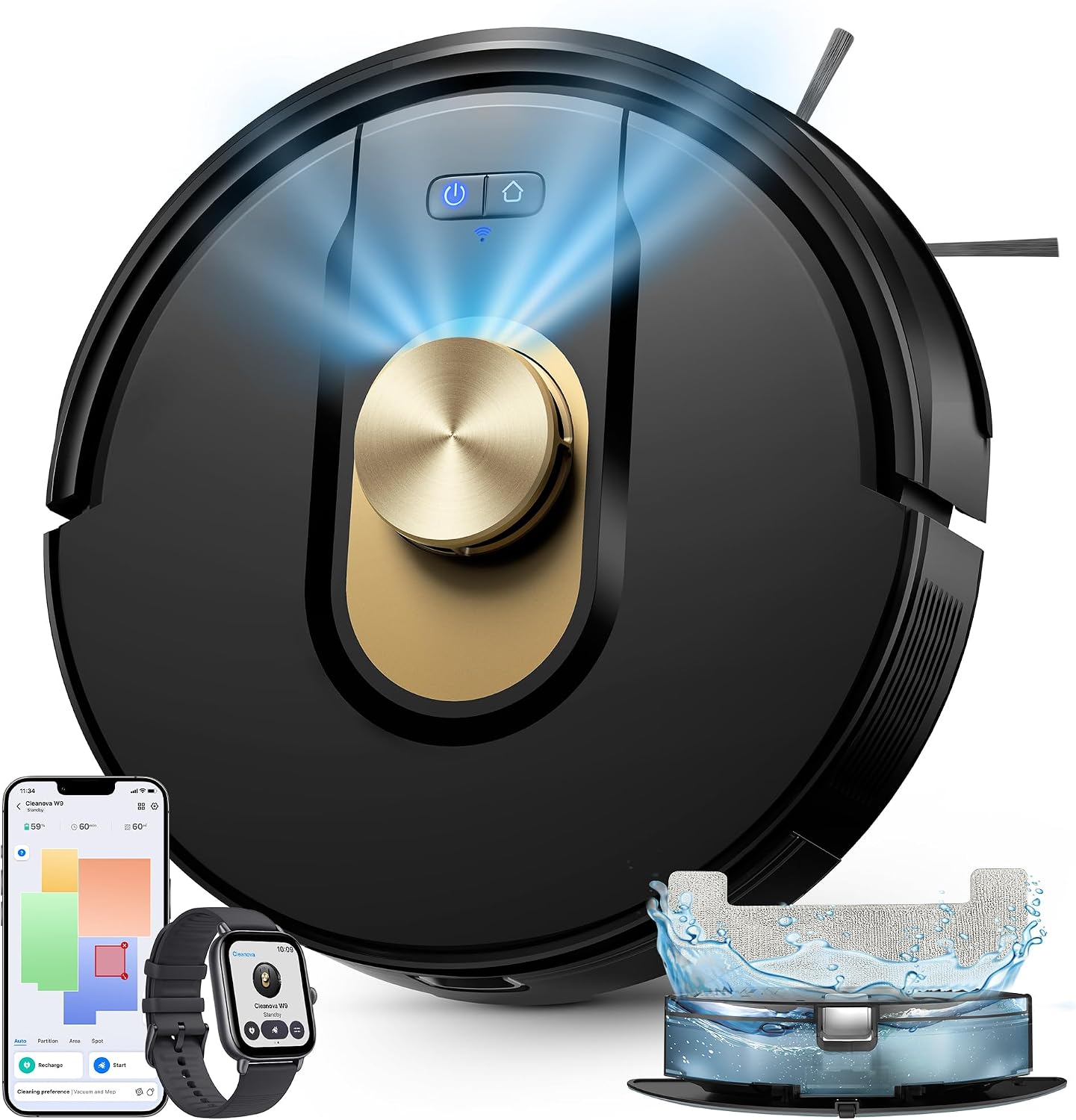 Vexilar Saugroboter mit Wischfunktion, 8000Pa & 180 Min Laufzeit Staubsauger Roboter mit LiDAR Lasernavigation & No-Go-Zonen, App/Alexa/iWatch Steuerung, Ideal für Tierhaare Teppiche (Schwarz)