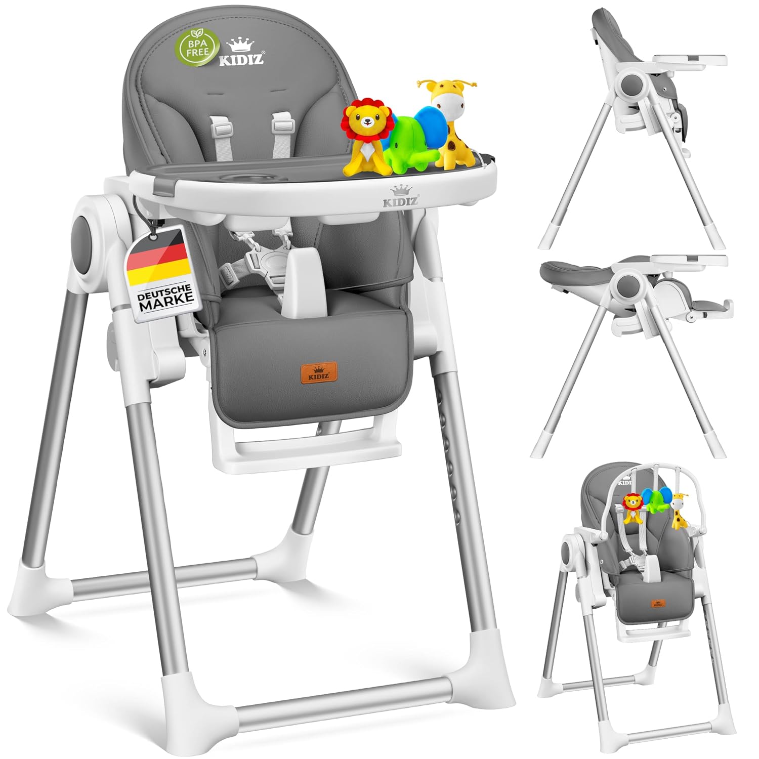 KIDIZ® 3in1 Hochstuhl Kinderhochstuhl inkl. Spielbügel, Babyliege, Kombihochstuhl Babyhochsitz,7 höhenverstellbar Verstellbare Rückenlehne, mitwachsend ab 0 bis 36 Monate Babystuhl, D. Grau