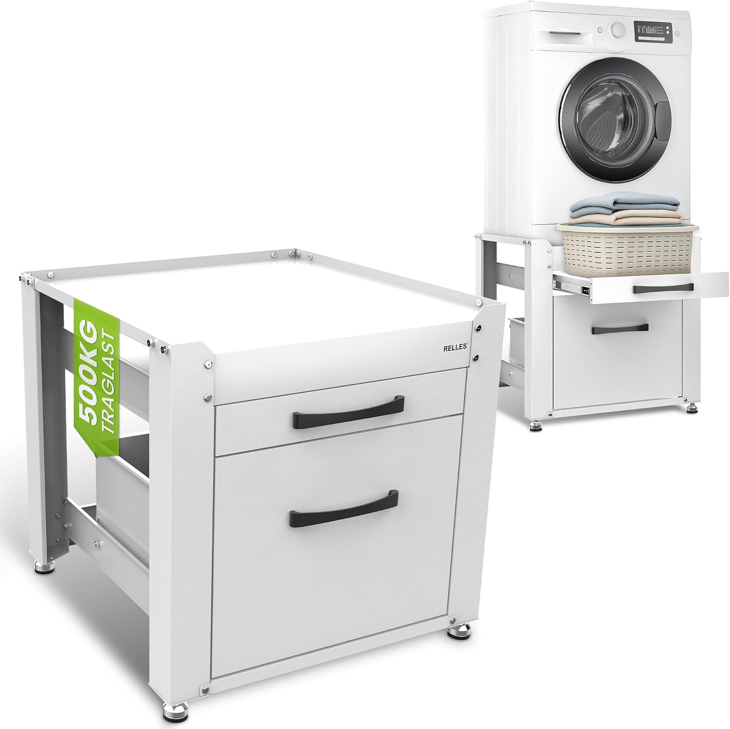 Untergestell mit Schublade und Ablage, 500 kg Tragkraft, Unterbau aus Stahl, 62x62x57,5 cm (LxBxH), Podest für Waschmaschine und Trockner, Unter Schrank Erhöhung, Höhenverstellbare Füße