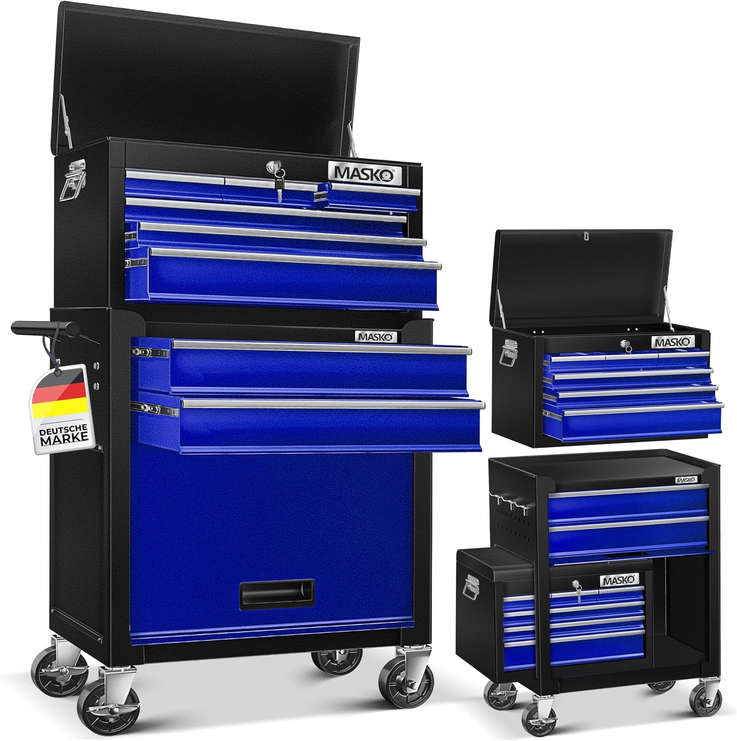 MASKO® Werkstattwagen inkl. Koffer - 9 Fächer Abschließbar | Massives Metall | Mobiler Werkzeug-Wagen ohne Werkzeug | Profi| Rollwagen zur Werkzeugaufbewahrung mit Schloss | Blau