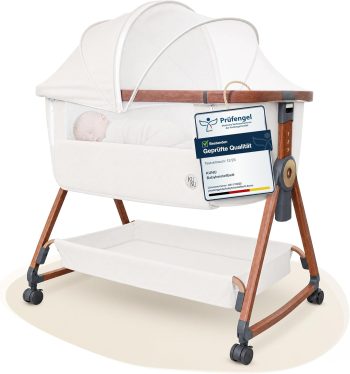 KUNU® Babybett - Beistellbett Baby mit Rollen für Boxspringbett - 3 in 1 rollbares Baby Bett Reise Babywiege - Stubenwagen mit Wiegefunktion & höhenverstellbar - Sicheres Reisebett inkl Reisetasche