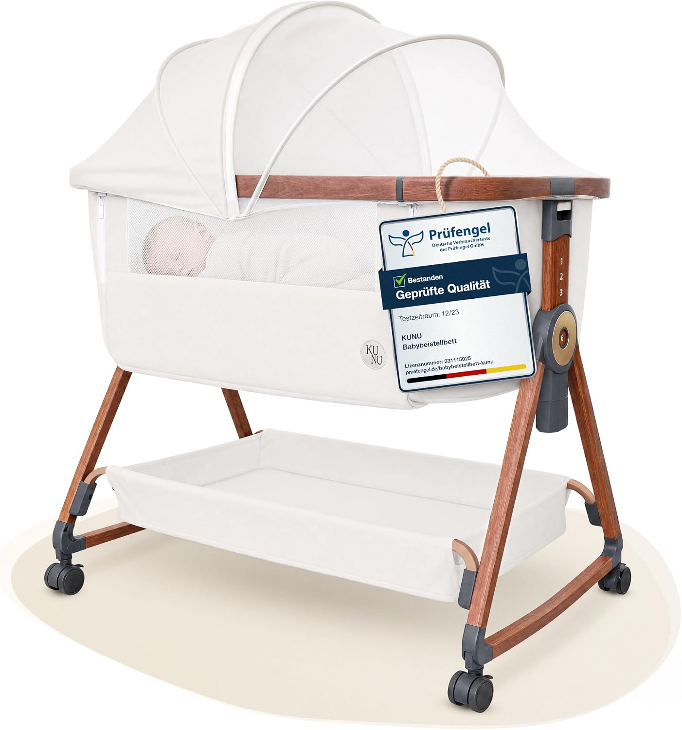 KUNU® Babybett - Beistellbett Baby mit Rollen für Boxspringbett - 3 in 1 rollbares Baby Bett Reise Babywiege - Stubenwagen mit Wiegefunktion & höhenverstellbar - Sicheres Reisebett inkl Reisetasche
