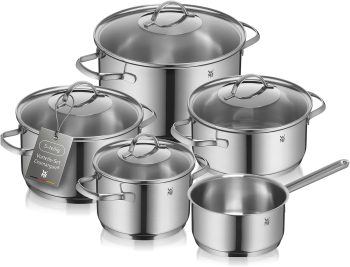 WMF Provence Plus Topfset 5-teilig für Induktion und alle Herdarten, Töpfe aus Cromargan Edelstahl mit Glasdeckel, breitem Schüttrand, spülmaschinenfest, unbeschichtet, Kochtopfset für gesundes Kochen