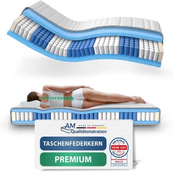 AM Qualitätsmatratzen Premium Taschenfederkernmatratze 90x200cm H2 24cm - Made in Germany & Oeko TEX Siegel - 7 Zonen Federkernmatratze 90x200 mit Lyocell Bezug - Ergonomische Matratze 90x200 H2