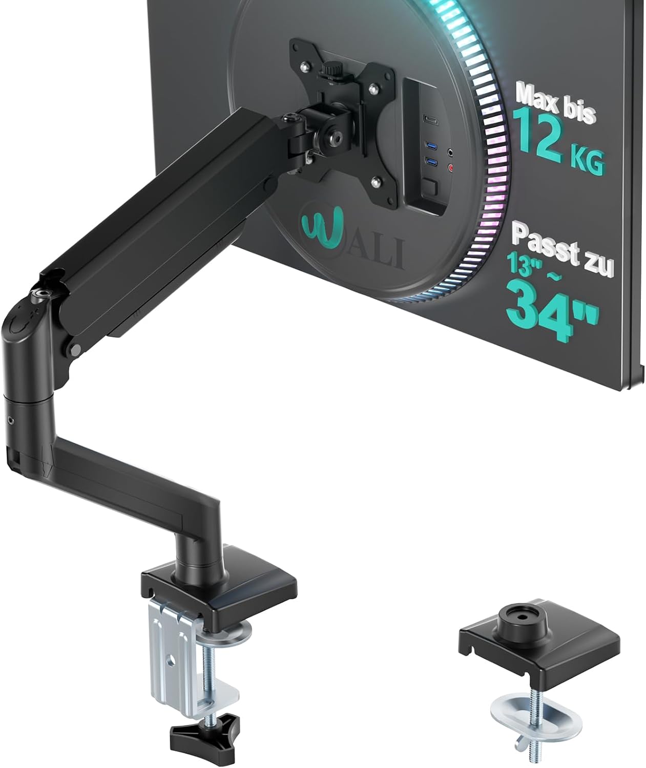 WALI Monitorhalterung für 13‑34 Zoll Bildschirme bis zu 12 kg, Verstellbarer Monitorarm, höhenverstellbare Bildschirmhalterung Schwenkbar Neigbar Drehbar, VESA 75x75/100x100 mm (GSMP001N), Schwarz