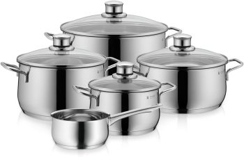 WMF Diadem Plus Topfset Induktion 5-teilig, Kochtopf Set mit Glasdeckel, Cromargan Edelstahl poliert, Induktions Töpfe Set unbeschichtet