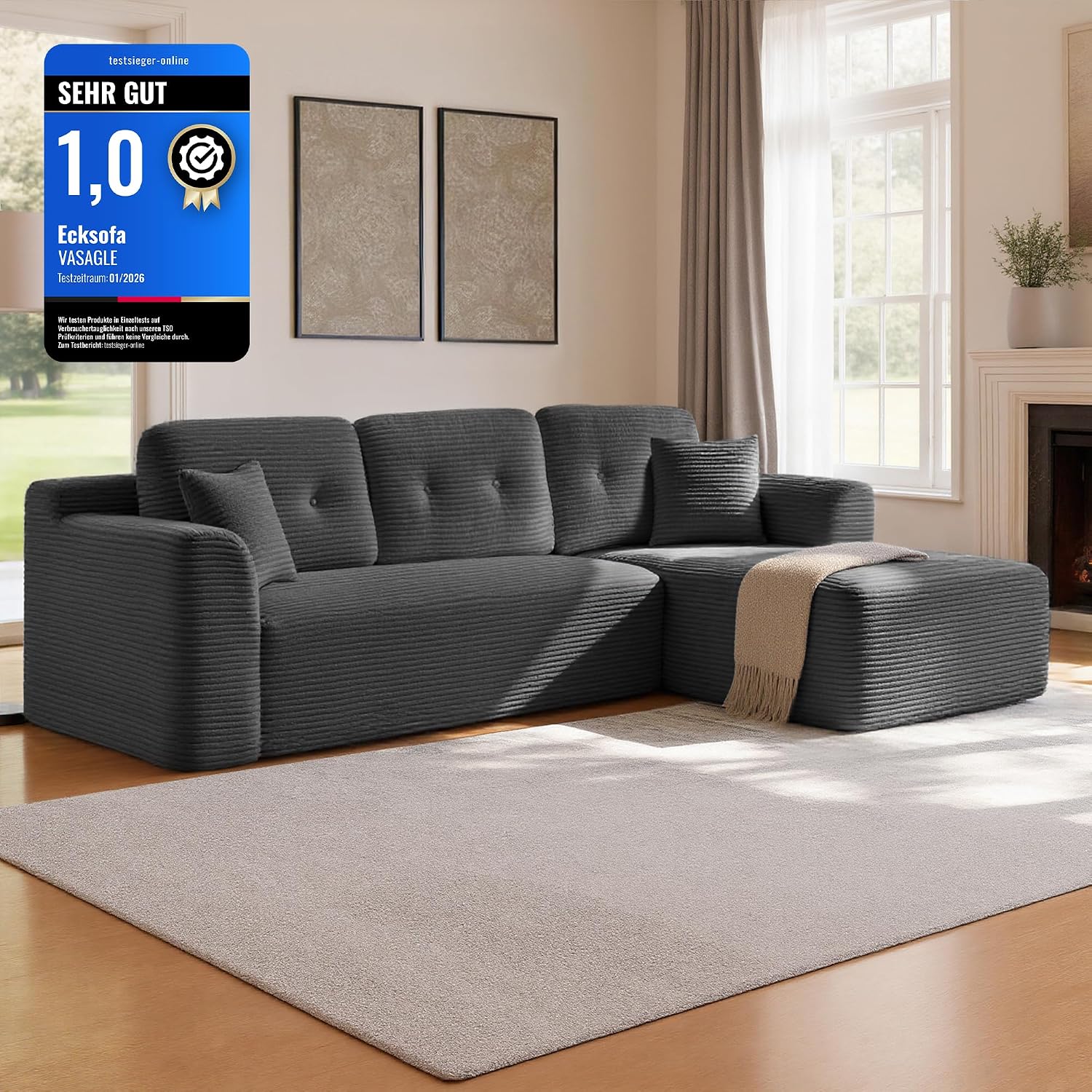 VASAGLE Ecksofa, Keine Montage erforderlich, modulares Sofa, 244 cm breit