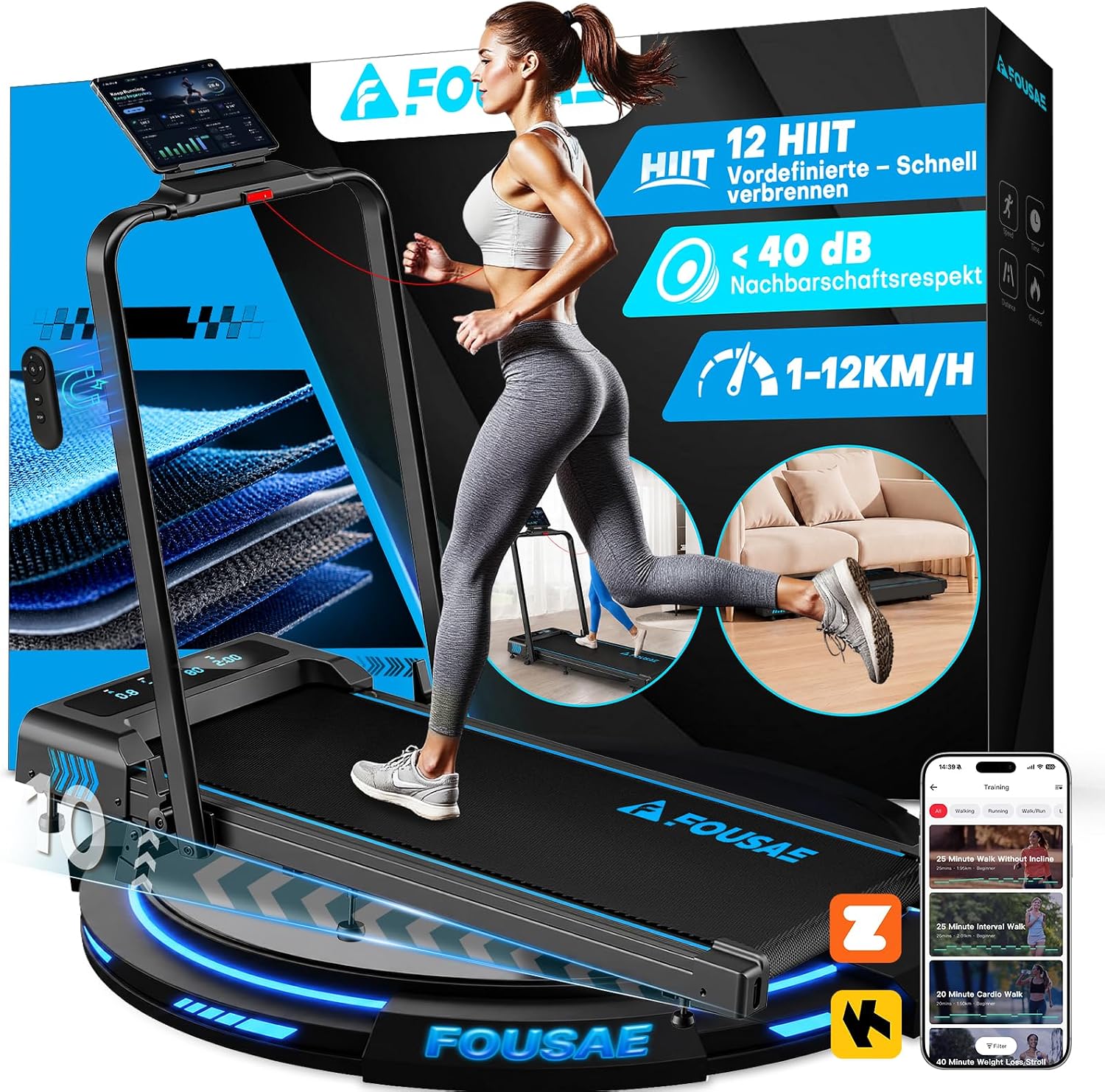 Laufband für Zuhause, 5 in 1 Walking Pad, 12km/h Klappbar Laufband mit 10% Steigung, 2.75HP bürstenlosem Motor Walking Machine mit LED-Anzeige, App-Kompatibilität, 12 Programmen, Doppeloperation