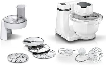 Bosch Küchenmaschine Serie 2, kleine Küchenmaschine, 3,8l Kunststoff-Schüssel, Durchlaufschnitzler, 4 Scheiben, 4 Stufen, Knethaken/Rührbesen/Schlagbesen, spülmaschinenfest, 700 W, weiß, MUMS2AW01
