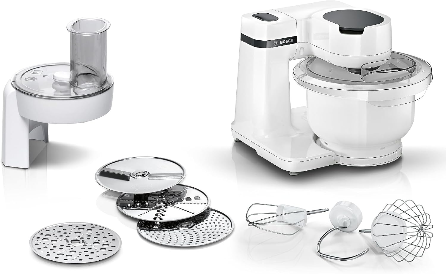 Bosch Küchenmaschine Serie 2, kleine Küchenmaschine, 3,8l Kunststoff-Schüssel, Durchlaufschnitzler, 4 Scheiben, 4 Stufen, Knethaken/Rührbesen/Schlagbesen, spülmaschinenfest, 700 W, weiß, MUMS2AW01