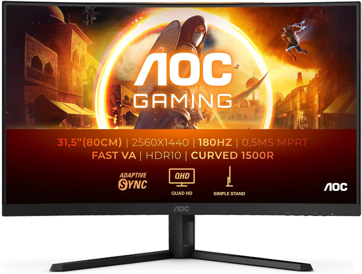 AOC CQ32G4VE 32 Zoll Curved, WQHD Gaming Monitor, 180Hz, Fast VA Panel, 1ms GtG, HDR10, FreeSync, (2560x1440 HDMI 2X 2.0 DP 1x 1.4) Schwarz