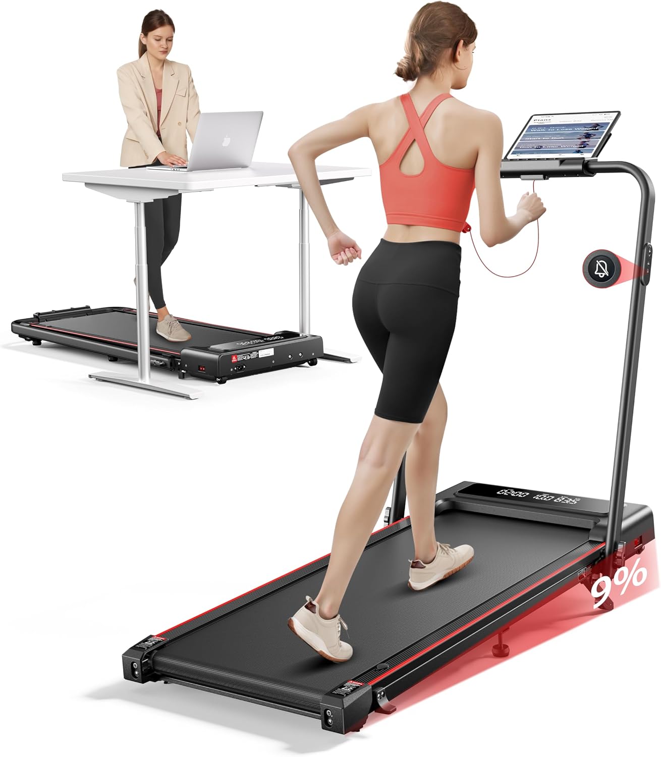 Laufband für Zuhause mit 9% Neigung, 12 km/h Klappbar Laufband mit Steigung, 2.5HP Leiser Motor, 4 IN 1 Under Desk Schreibtisch Treadmill für Zuhause & Büro