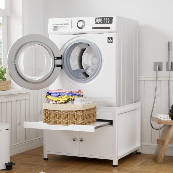 Waschmaschinenuntergestelle,Hochbelastbarer Untergestell für Waschmaschine und Trockner mit Ausziehregal&Verstecktem Stauraum,Ablaufwanne,Schlauch,Aus Robustem Metall&MDF,700 lbs Tragkraft,63*54*50cm