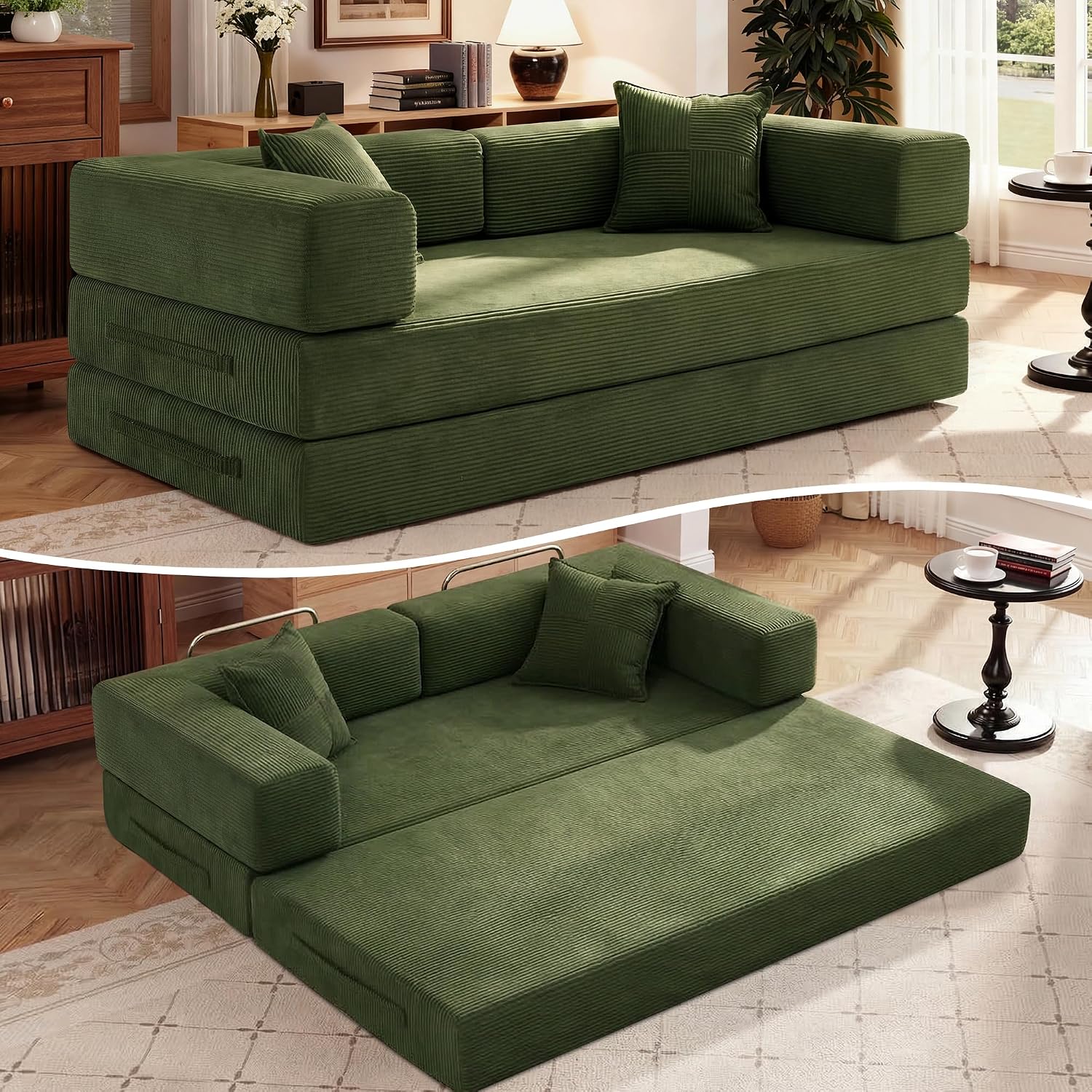 Vipbear Schlafsofa 200cm Breit,5-in-1 Faltbares Boneless Couch Grün