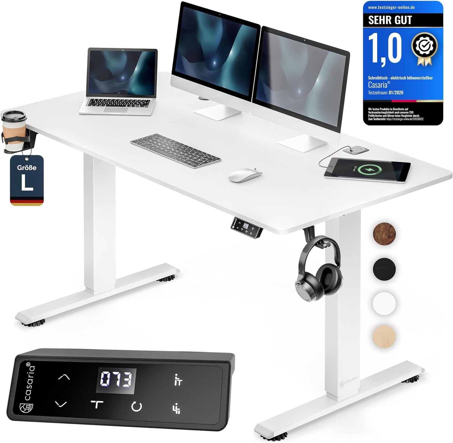 CASARIA® Höhenverstellbarer Schreibtisch elektrisch 140 x 70 cm mit Wireless Charger & USB-C/A Anschluss LCD-Display Memory-Funktion 80 kg belastbar ergonomisch Weiß