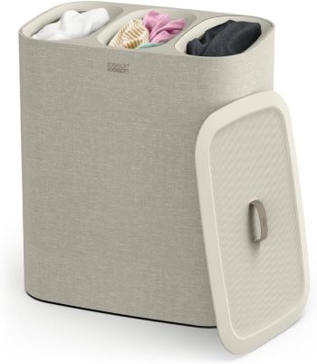 Joseph Joseph Tota - Trio 90-Liter-Wäschesortierkorb mit Deckel, 3 herausnehmbare Wäschesäcke mit Griffen, Ecru Beige