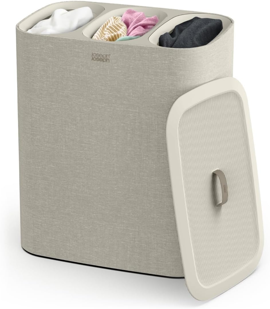 Joseph Joseph Tota - Trio 90-Liter-Wäschesortierkorb mit Deckel, 3 herausnehmbare Wäschesäcke mit Griffen, Ecru Beige