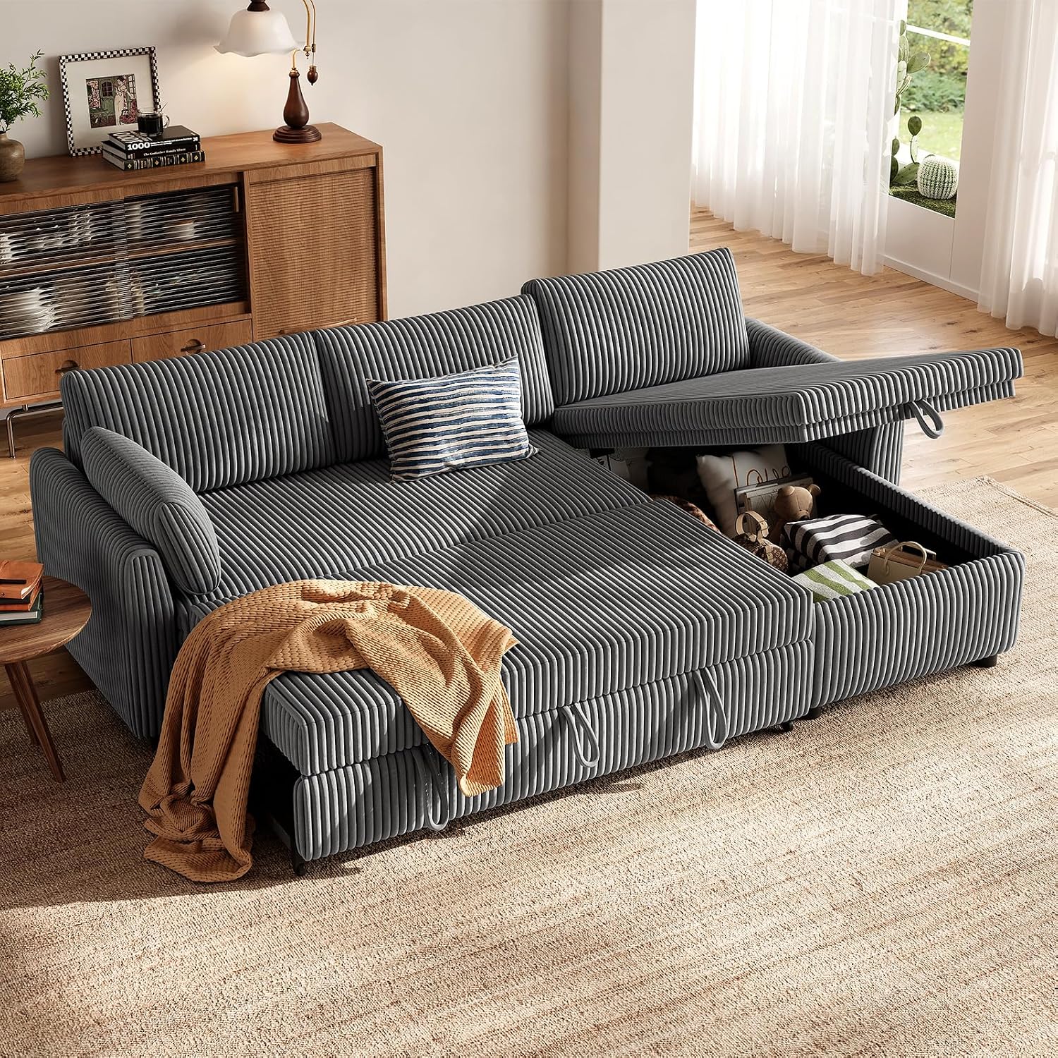 HOMRELEXA Ecksofa mit Schlaffunktion, Cord Schlafsofa in L-Form, Sofa Bed