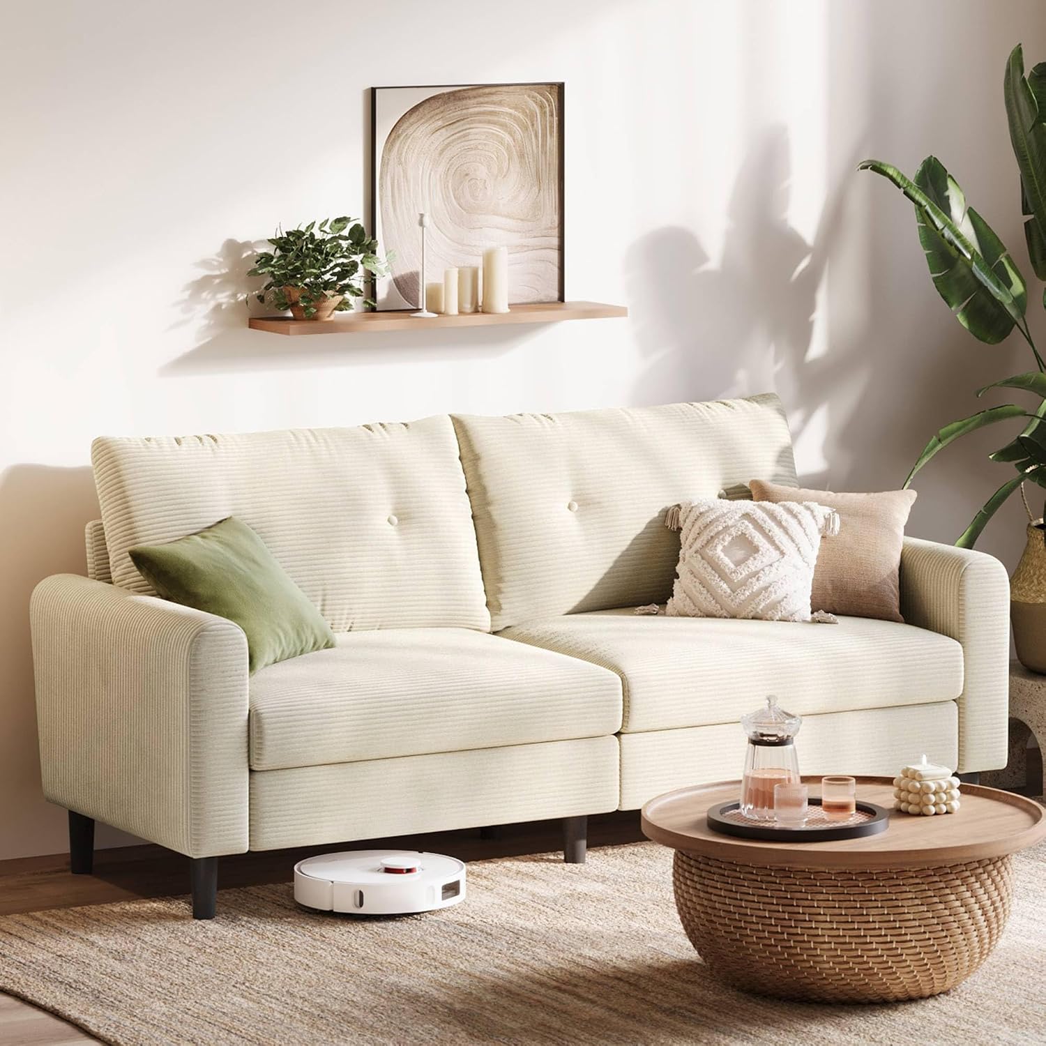 LINSY HOME Sofa 3 Sitzer, 201cm Breit Sofas mit Verstellbarer Sitztiefe, Kleine Sofacouch für Wohnzimmer Schlafzimmer Wohnung Büro, Cremefarben