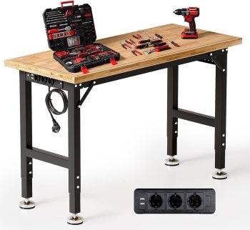 TLGREEN Schwerlast Werkbank Verstellbare, 122cm Werktisch aus Gummibaumholz