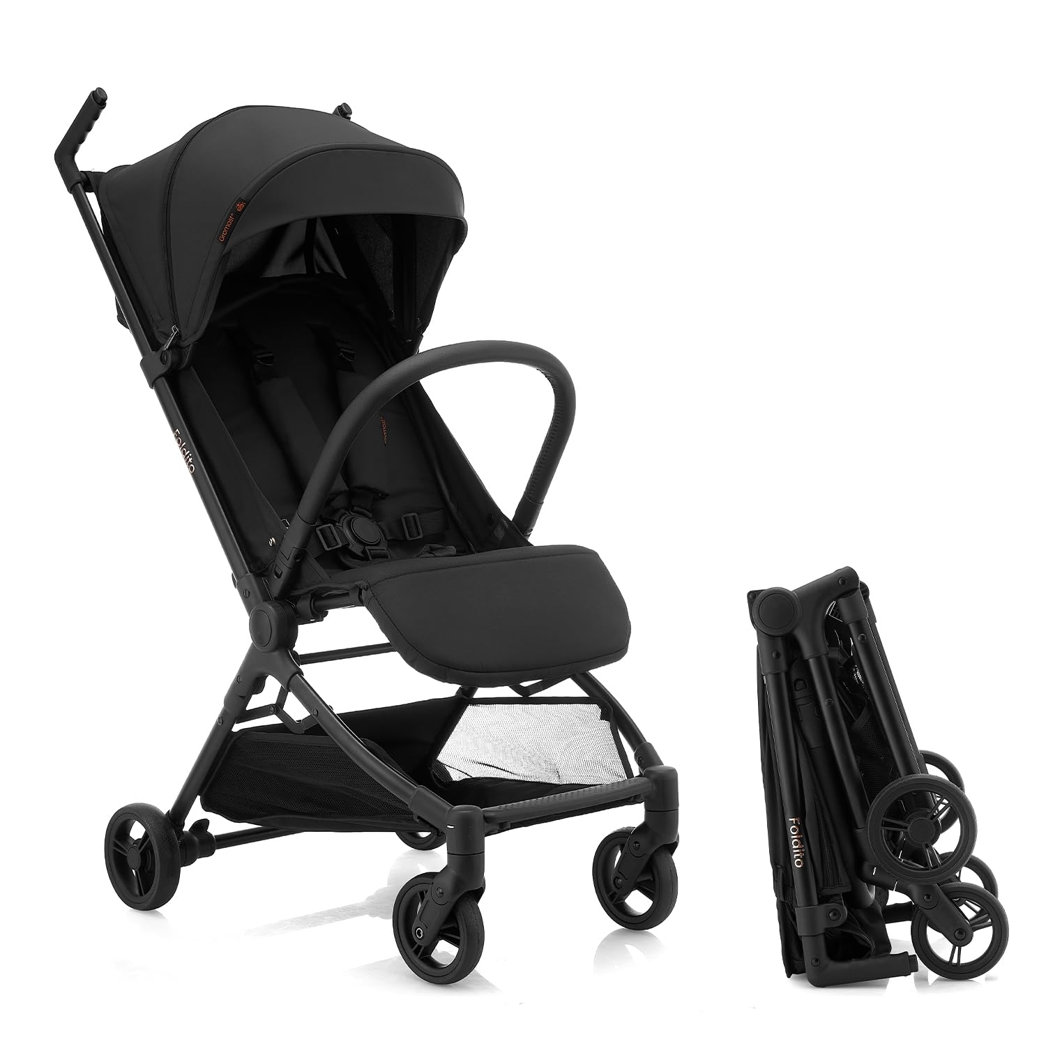 Gromast Reise-Kinderwagen für Flugzeug, ultrakompakt und leicht, nur 4,5 kg, tragbarer Kinderwagen, mit UPF 50+ Baldachin und Getränkehalter, Schwarz