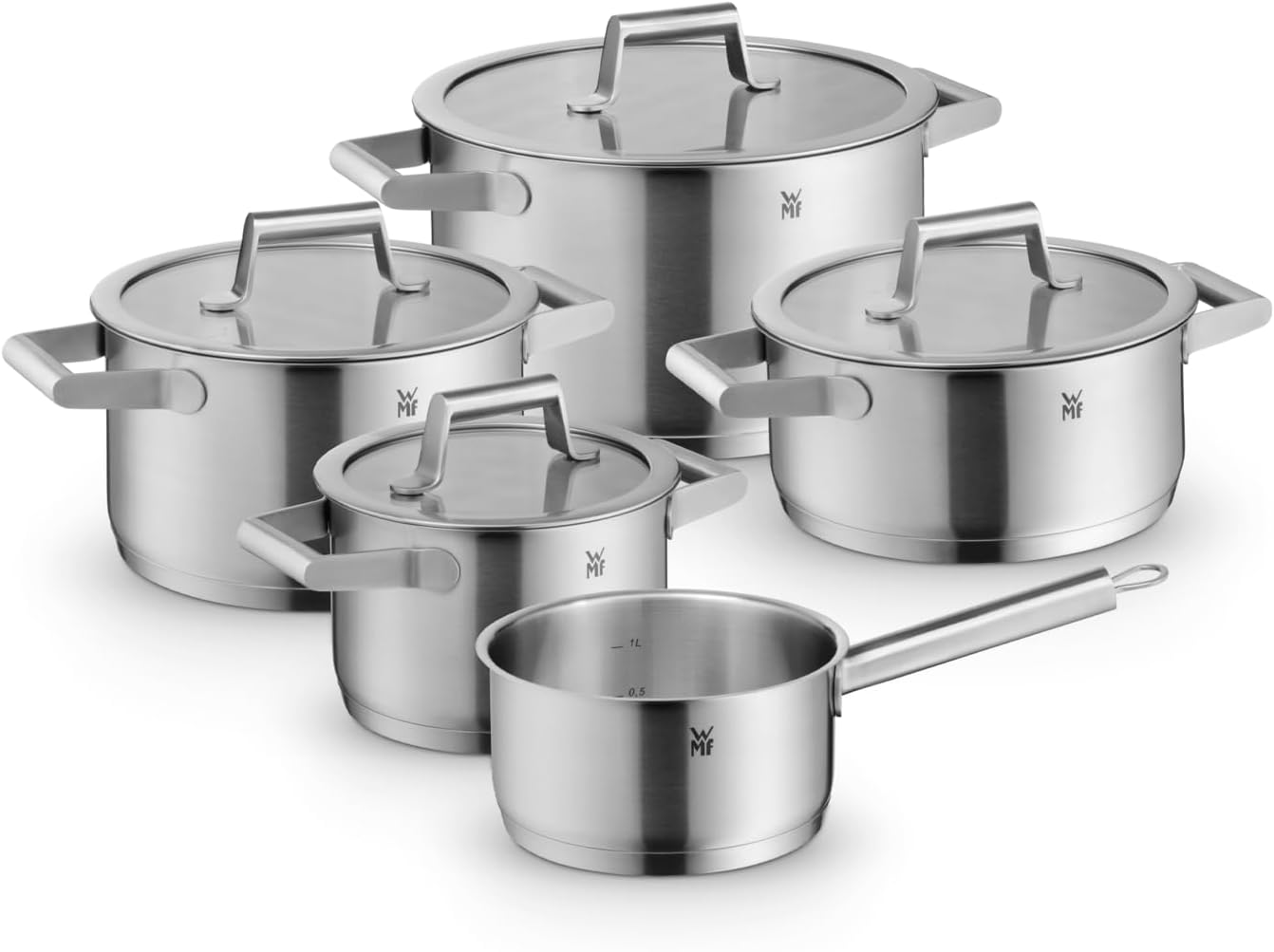 WMF Comfort Line Topfset Induktion 5-teilig, Kochtopf Set mit Glasdeckel, Cromargan Edelstahl mattiert, Skalierung, Induktions Töpfe Set stapelbar, unbeschichtet