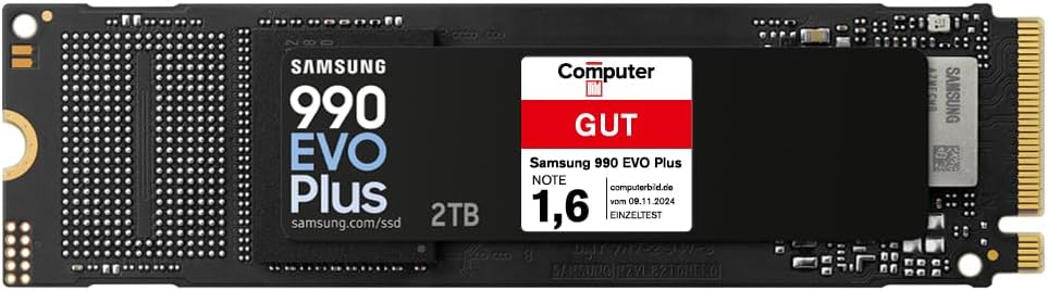 Samsung 990 EVO Plus NVMe M.2 SSD 2 TB, PCIe 4.0 x4 / PCIe 5.0 x2, NVMe 2.0 (2280), 7.250 MB/s Lesen, 6.300 MB/s Schreiben, Interne SSD für Gaming und Grafikbearbeitung, MZ-V9S2T0BW