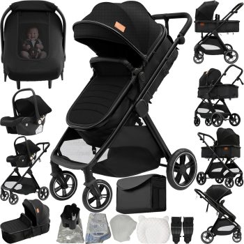 MoLi Kinderwagen 3 in 1, Kinderwagen mit Umkehrbarem Doppelschiebemodus, Buggy mit Großer Bequemer Babywanne, Kombikinderwagen 3 in 1 Rahmen Aluminiumlegierung Faltbar Hohe Landschaft (V10 Black)