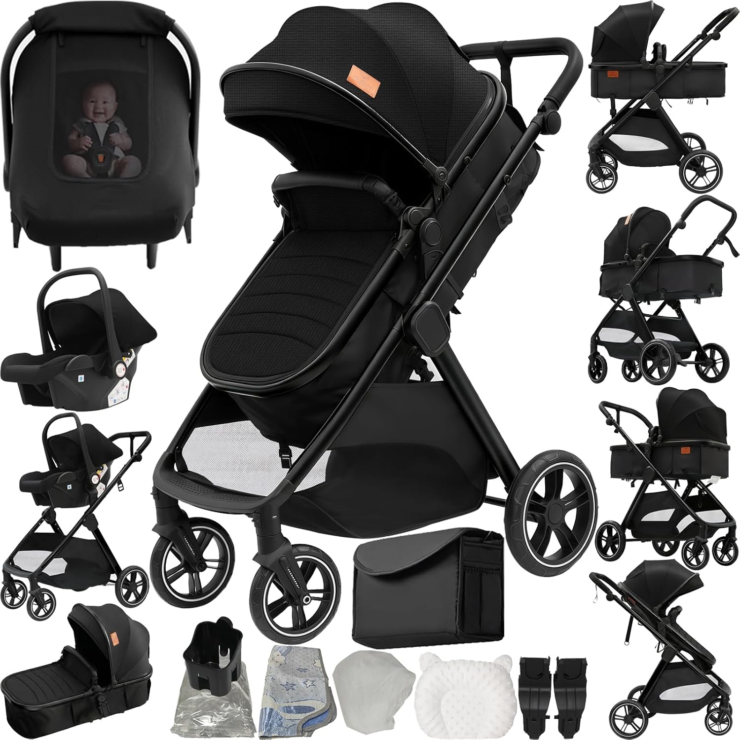 MoLi Kinderwagen 3 in 1, Kinderwagen mit Umkehrbarem Doppelschiebemodus, Buggy mit Großer Bequemer Babywanne, Kombikinderwagen 3 in 1 Rahmen Aluminiumlegierung Faltbar Hohe Landschaft (V10 Black)