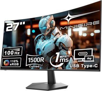 Minifire Curved Monitor 27 Zoll 100Hz, PC Bildschirm mit Lautsprecher-1500R FHD (1920 x 1080p) VA Panel, MPRT 1ms, sRGB110%, Less BlueLight, HDMI 1.4, Type-C 2.5W, unterstuitzt VESA - Schwarz