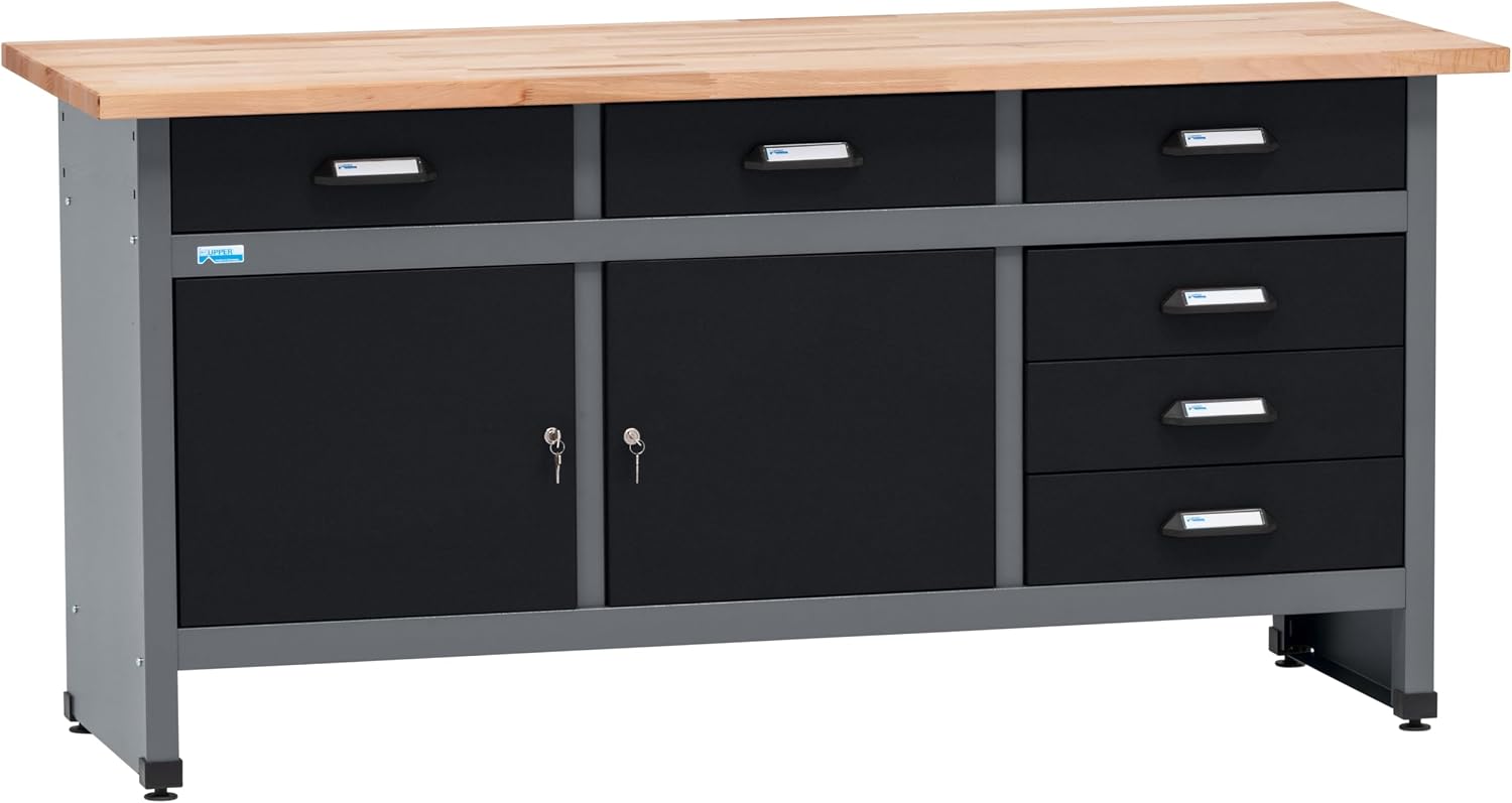 Küpper Werkbank 12179, 6 Schubladen, 2 Türen, 300 kg Traglast, 30 mm Massive Buchenarbeitsplatte (Schwarz, 170x84x60 cm)
