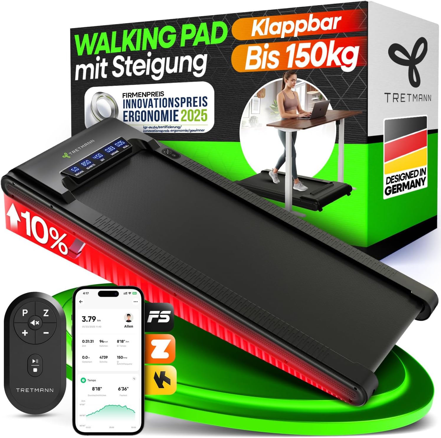 Tretmann Walking Pad mit Steigung klappbar -extra leise [LongLife Laufdeck]