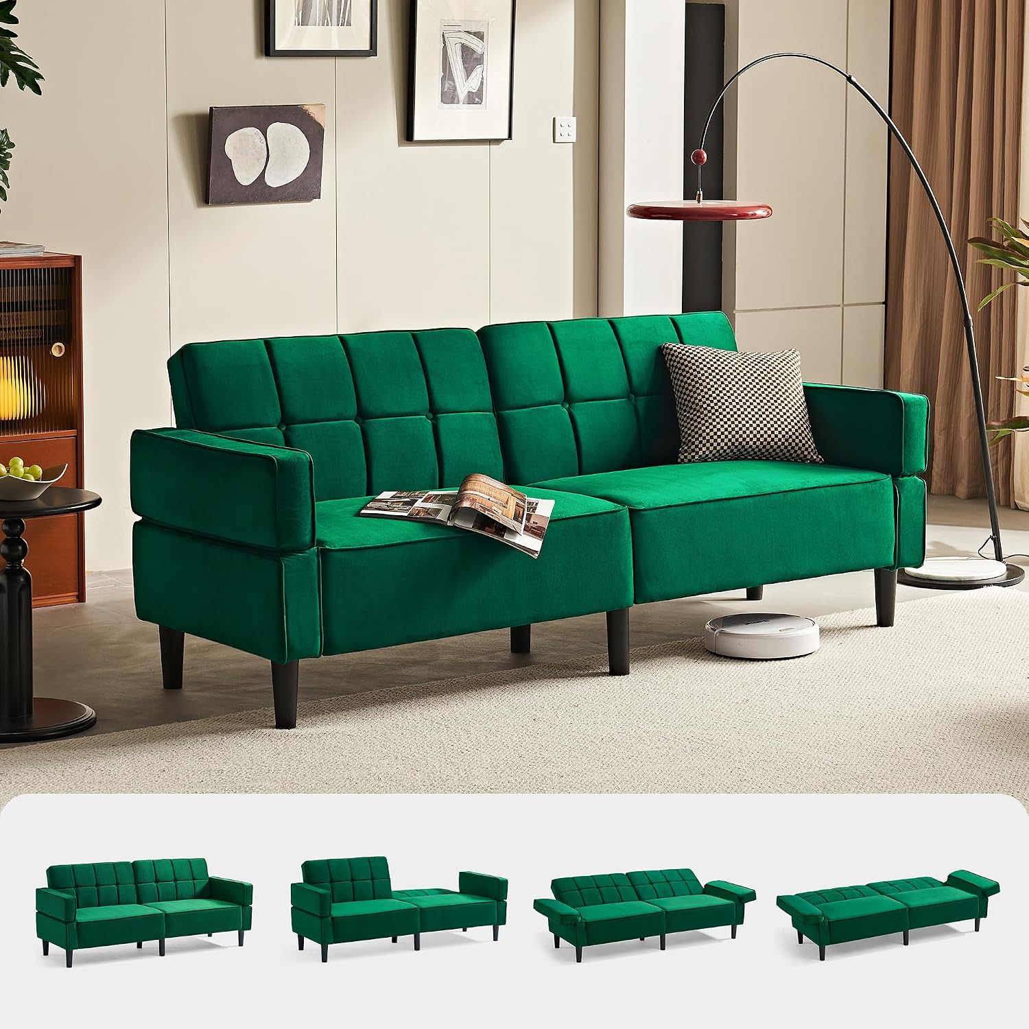 LINSY HOME Sofa mit Schlaffunktion, Schlafsofa mit Verstellbarer Rückenlehne Armlehnen, 3 Sitzer Sofa mit Bettfunktion aus Samtstoff, 230 x 100 cm Liegefläche, Ideal für Wohnu (Grün)