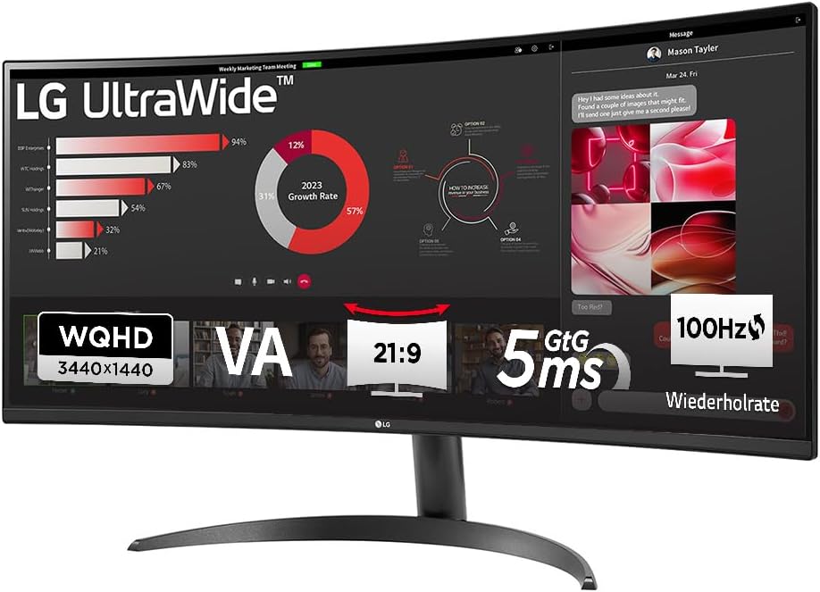 LG UltraWide™ 34WR50QK-B 34 Zoll 21:9 Curved UWQHD VA Monitor, 100Hz, HDR10, 99% sRGB, 2X HDMI 2.0, 1x DisplayPort 1.4, Schwarz