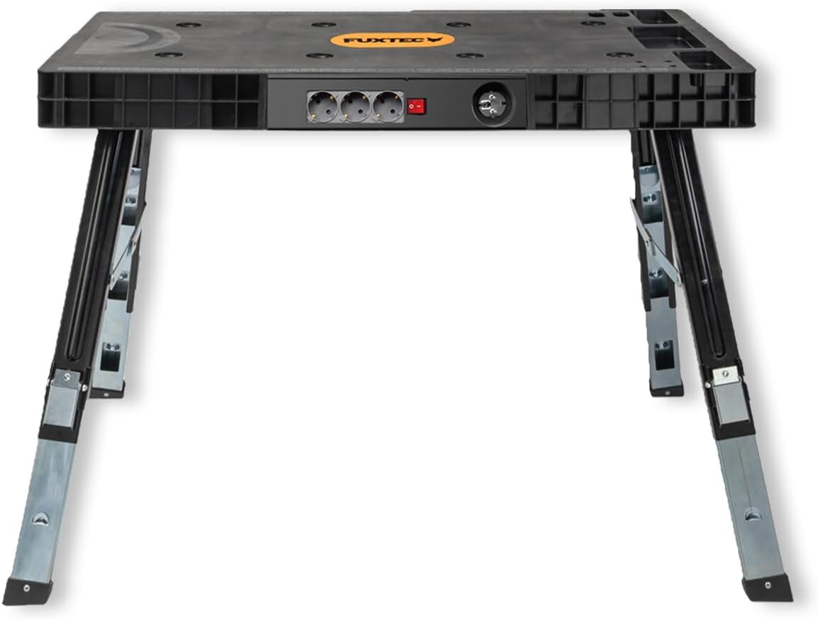 FUXTEC klappbare 5in1 Universal-Werkbank FX-WB – Werkbank/Arbeitstisch bis 150kg – höhenverstellbar bis 129x59x75cm – Transportroller mit Schubfächern – Werkstattbrett/Rollbrett