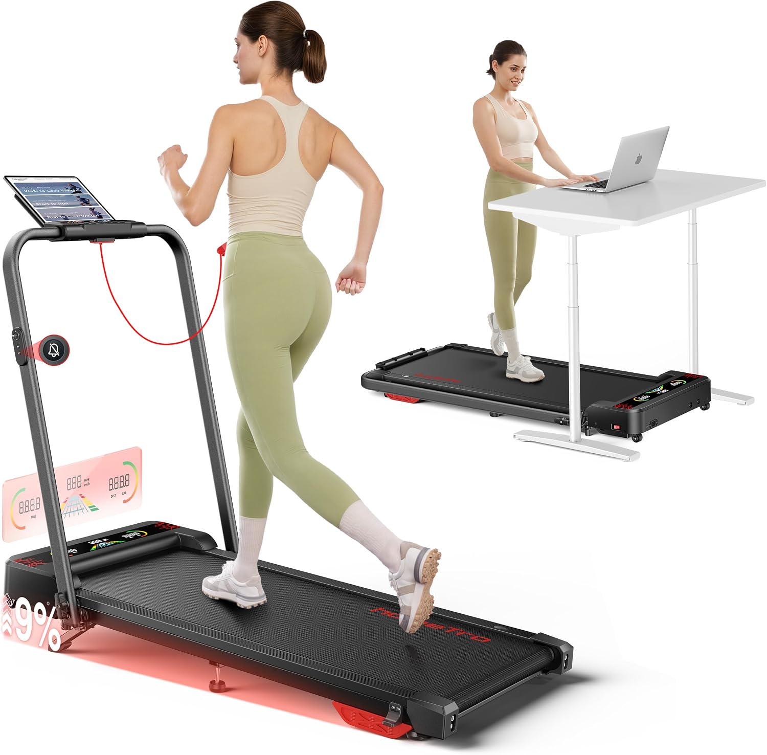 Laufband für Zuhause & Büro Klappbar, Walking Pad mit Steigung - 9% Neigung