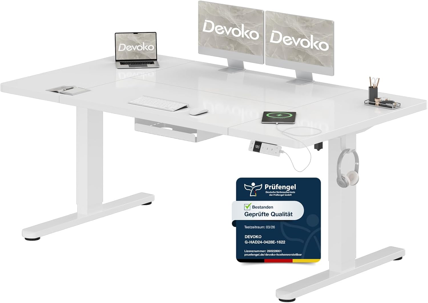 Devoko Höhenverstellbarer Schreibtisch 160x80cm mit Typ-C Ladeanschluss, Mobiler Elektrisch Computertisch mit Kabel Management Tray und 3-Funktions-Memory, Weiß