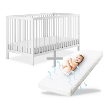Ehrenkind® Babybett PUR inkl. Matratze 140x70 aus Natur Buchenholz | Weiß | Kinderbett 9-Fach höhenverstellbar mit entnehmbaren Stangen | Baby Bett