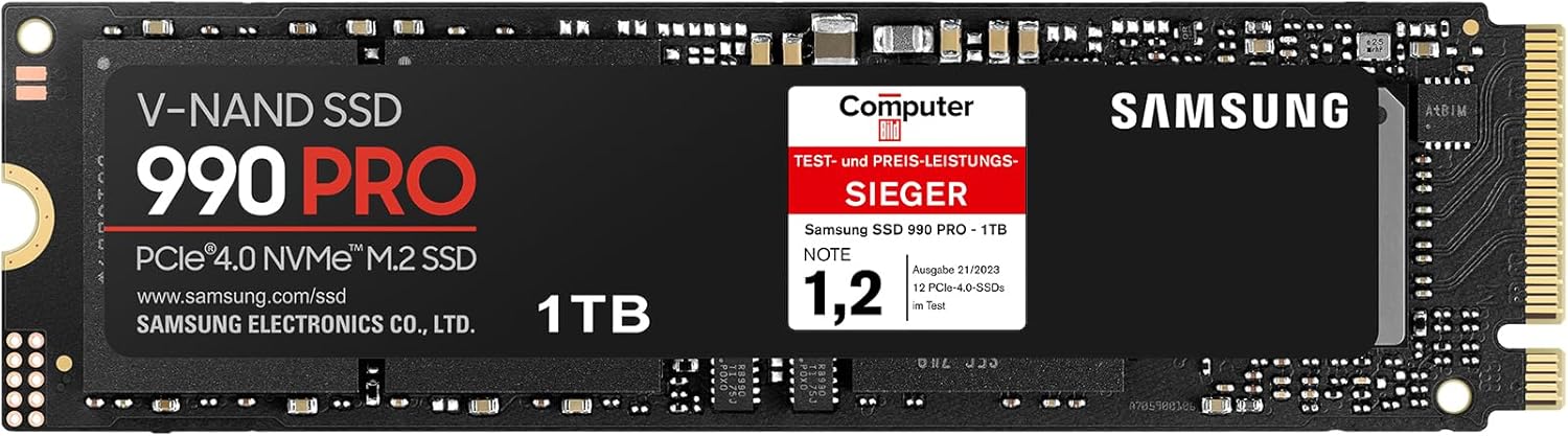Samsung 990 PRO NVMe M.2 SSD , 1 TB, PCIe 4.0, 7.450 MB/s Lesen, 6.900 MB/s Schreiben, Interne SSD für Gaming und Videobearbeitung, Schwarz, MZ-V9P1T0BW