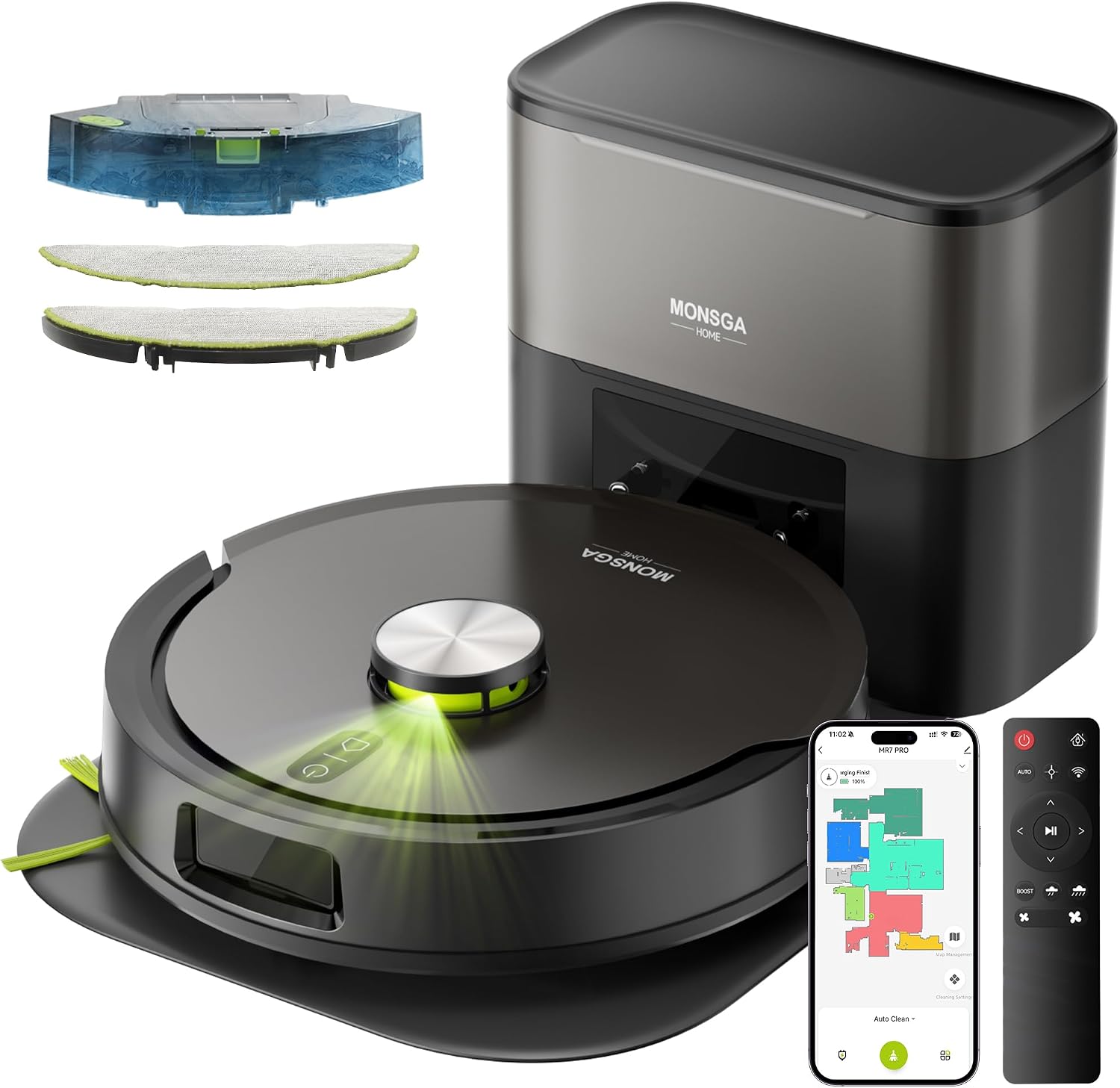 MONSGA Saugroboter mit Wischfunktion 8000PA & Absaugstation 4L Selbstentl