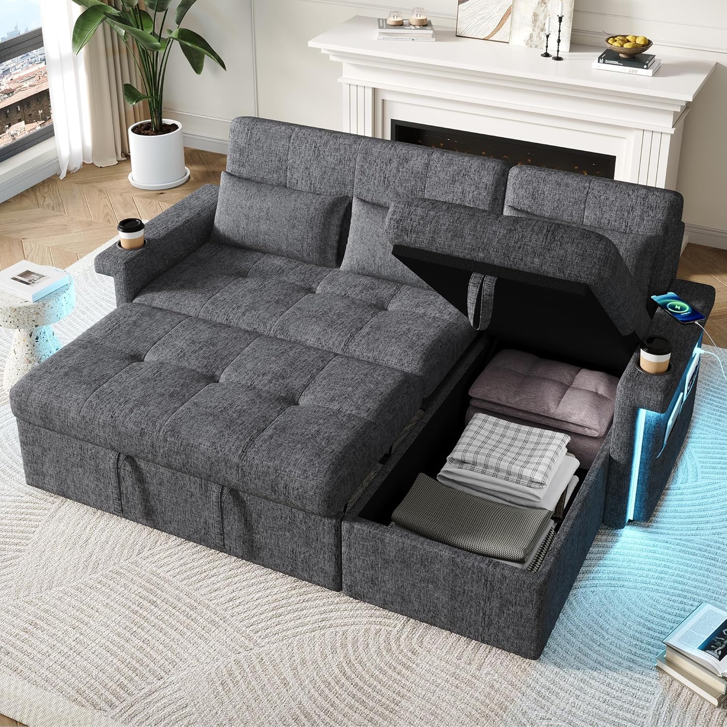 Merax Sofa Ecksofa mit Schlaffunktion, Schlafsofa mit Bettkasten und Verstellbarer Rückenlehne, Praktisches Eckcouch L-Form mit Stauraum, LED-Beleuchtung, USB-Steckdose und 2 Getränkehalter, Grau