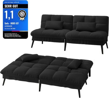 LUCKRACER Sofa 3 Sitzer Sofa Schlafsofa mit Schlaffunktion, überzug Futon Klappsofa, Bettcouch, ecksofa, Couch, 5 Verstellbare Winkel, Ideal für Wohnungen Wohnzimmer aus Stoff Schwarz