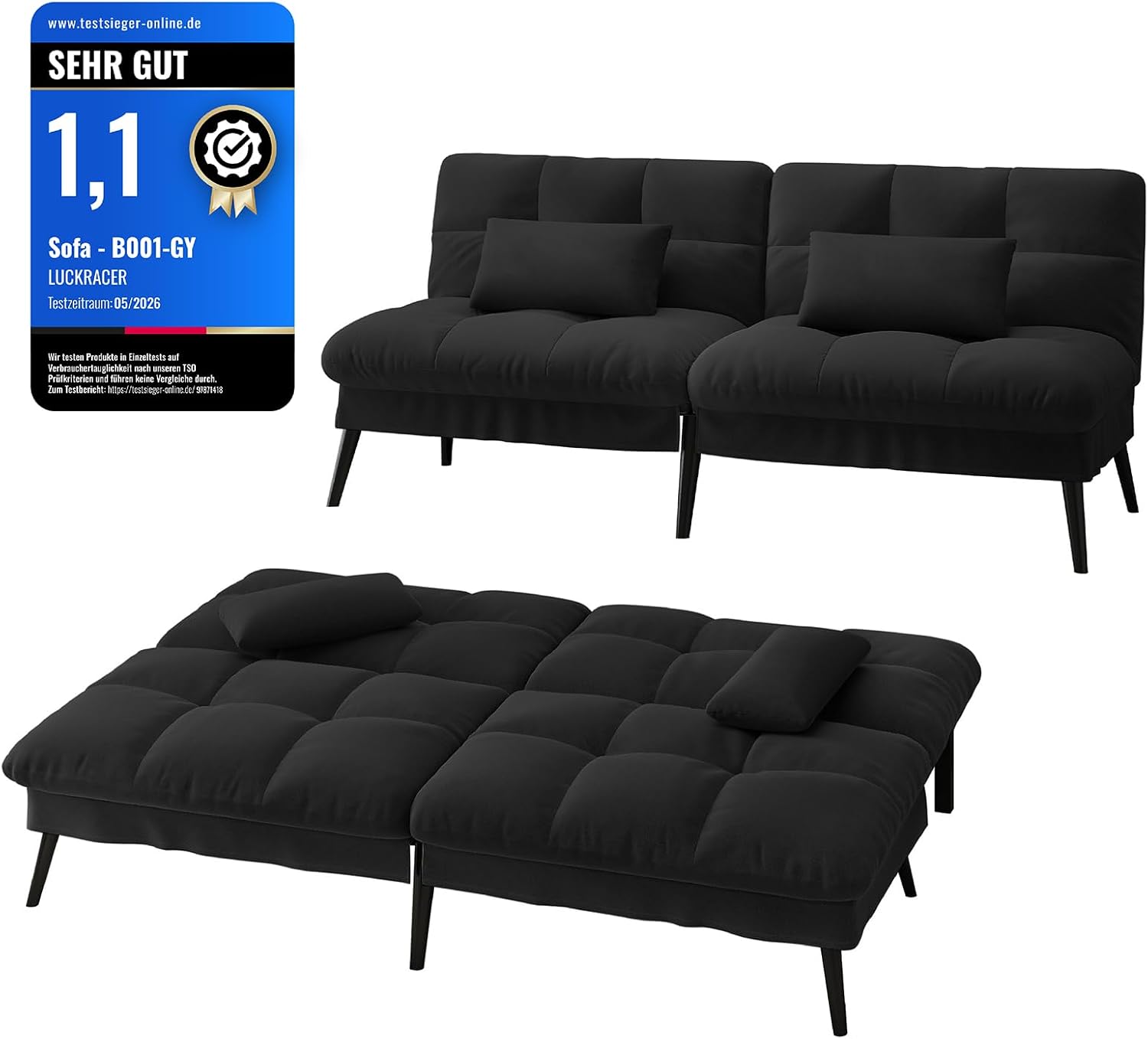 LUCKRACER Sofa 3 Sitzer Sofa Schlafsofa mit Schlaffunktion, überzug Futon Klappsofa, Bettcouch, ecksofa, Couch, 5 Verstellbare Winkel, Ideal für Wohnungen Wohnzimmer aus Stoff Schwarz
